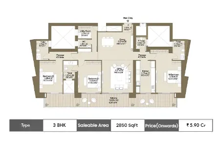 L&T Green Reserve 3 BHK floor plan, 2850 sq ft carpet area